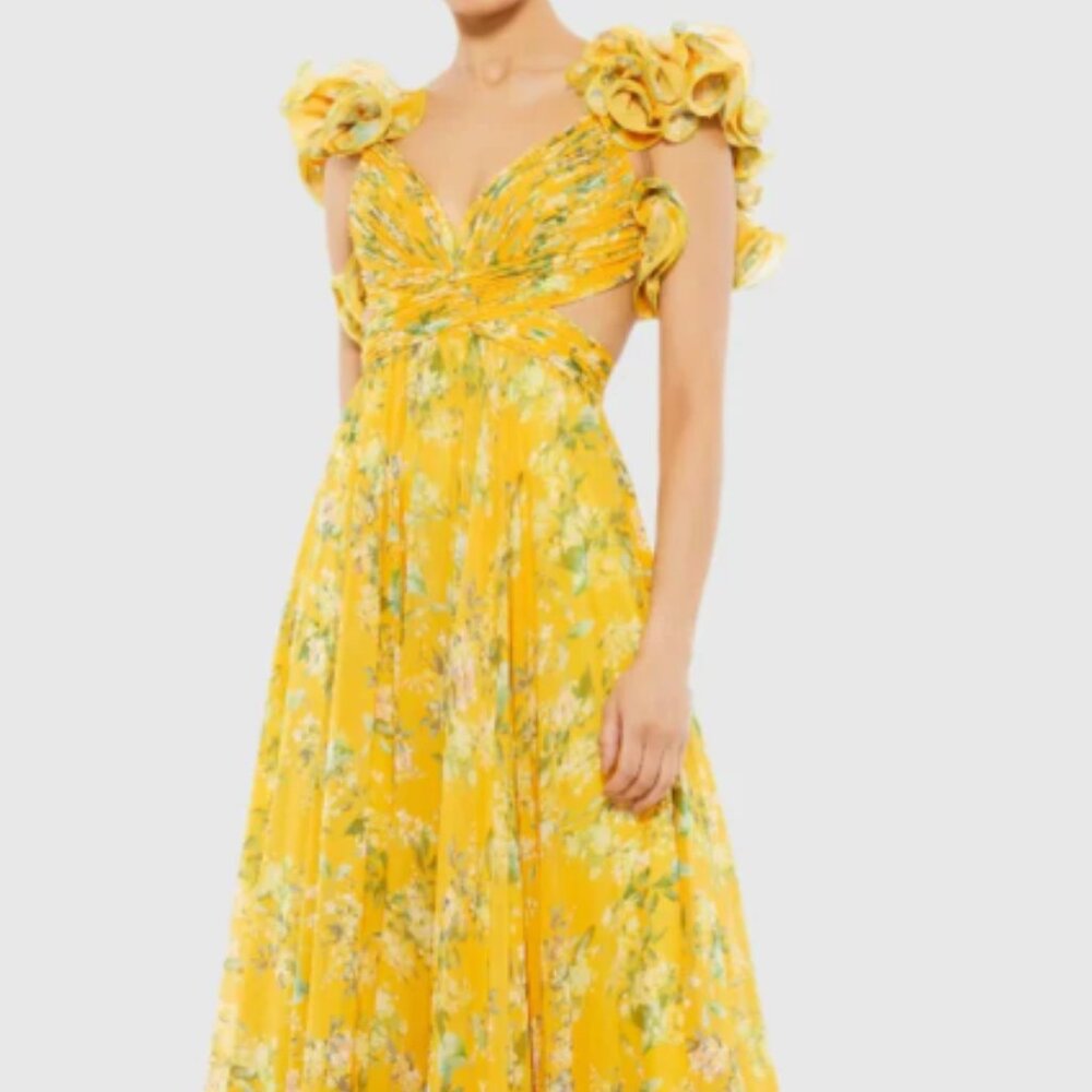 COPY - Mac Duggal Yellow Ruffle Tiered Floral Cut-Out Chiffon Gown. NWT